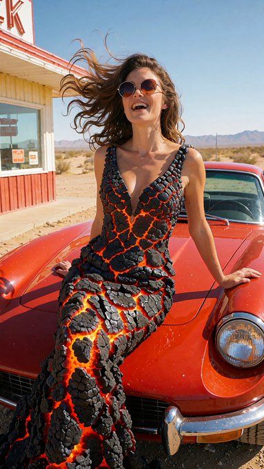 A woman in a flowing black and orange lava-patterned dress and sunglasses leans against a vintage red car in a desert setting, with her hair blowing in the wind.