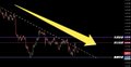 A cryptocurrency chart shows a steep downward trend with a large yellow arrow pointing sharply downward, illustrating a dramatic price crash, accompanied by partial ticker text referencing "NEARUSDT" and "LUMOUSDT," visually reinforcing the post's warning about sudden market collapses and forced liquidations wiping out leveraged traders.