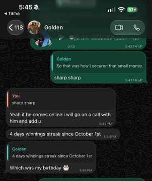 A WhatsApp chat screenshot shows a conversation between user "Golden" and another contact, where Golden mentions securing "small money sharp sharp" and notes "4 days winnings streak since October 1st," referencing his birthday. The exchange humorously illustrates a friend's boastful streak of small betting wins, fitting the post's message about "web3 jobs" coming to help struggling crypto bettors.