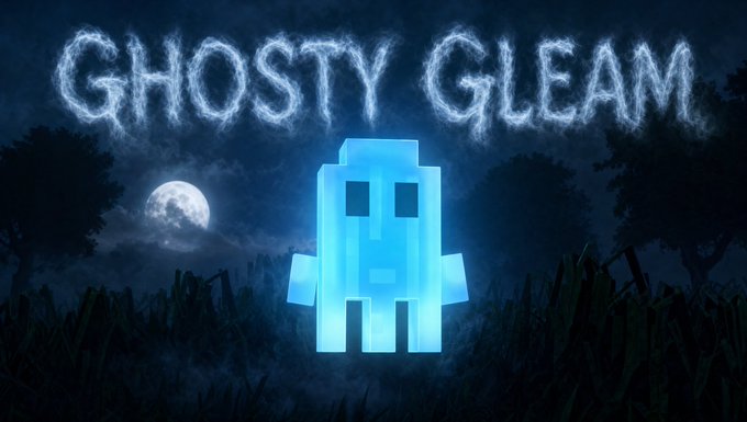 A digital illustration titled 'GHOSTY GLEAM' showing a glowing blue, blocky ghost character floating in a spooky graveyard setting under a full moon.