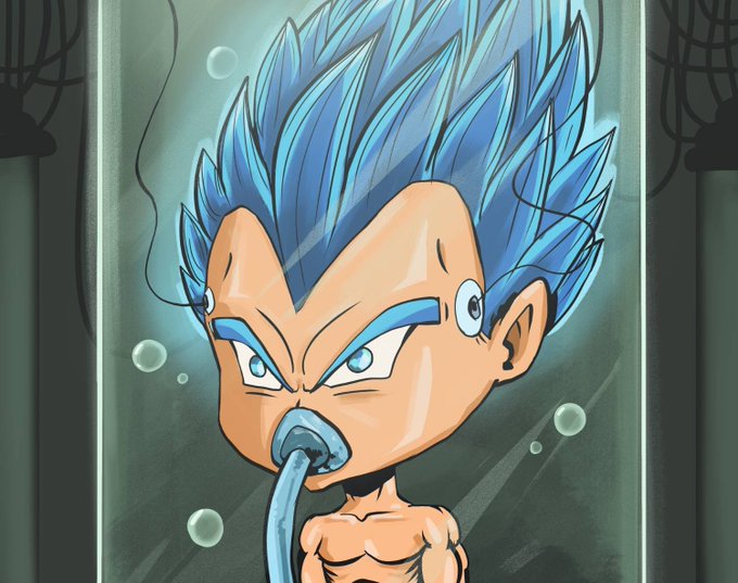 A chibi-style cartoon character resembling Vegeta from Dragon Ball Z with blue spiky hair, wearing a pacifier and bubble breathing device, shown inside a containment tank.