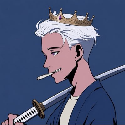 An anime-style illustration depicts a white-haired character wearing a golden crown and smoking a cigarette, with a katana resting on their shoulder, visually representing the "king" theme and confident, edgy tone of the post teasing an upcoming "$KING" cryptocurrency token drop.