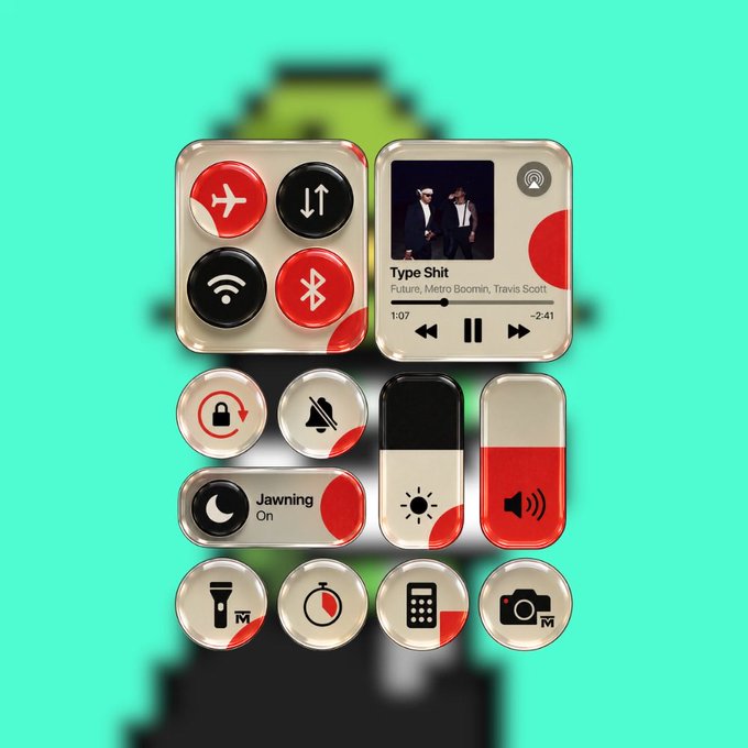 A collection of iOS-style control center widgets and icons featuring a red, black, and cream color scheme, including buttons for Wi-Fi, Bluetooth, Airplane mode, screen rotation lock, volume, brightness, flashlight, calculator, and camera, along with a music player showing 'Type Shit' by Future, Metro Boomin, and Travis Scott.