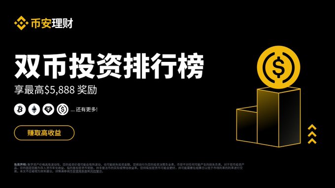 A Binance promotional banner in Chinese advertises a "双币投资排行榜" (Dual Currency Investment Ranking) event offering up to $5,888 in rewards for top investors, featuring gold-toned graphics of stacked cubes and a dollar coin, with a "赚取高收益" (Earn High Returns) call-to-action button. The banner promotes Binance's dual currency investment ranking event, aligning with the accompanying post's details about the limited-time campaign and reward structure.