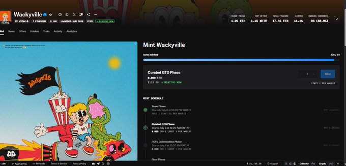 The Pump.fun interface showing the 'Wackyville' meme coin chart, mint details, and KOTH schedule with various GTD phases listed.
