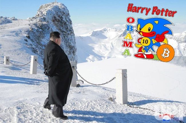 Kim Jong-un stands on a snowy mountain landscape, edited with a 'Harry Potter Obama' Sonic the Hedgehog meme and Bitcoin logos overlaid on the right side.