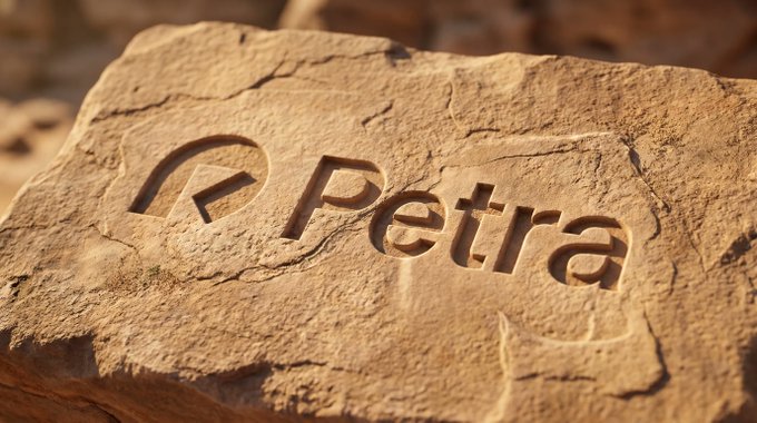 The Petra logo carved into a sandstone rock surface.