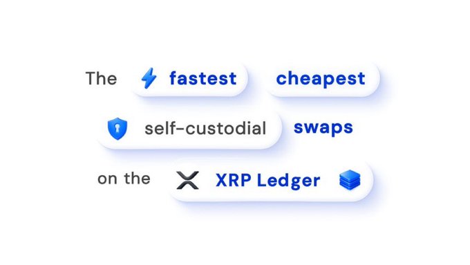A promotional graphic with the text "The fastest, cheapest, self-custodial swaps on the XRP Ledger," featuring stylized icons for lightning and security.