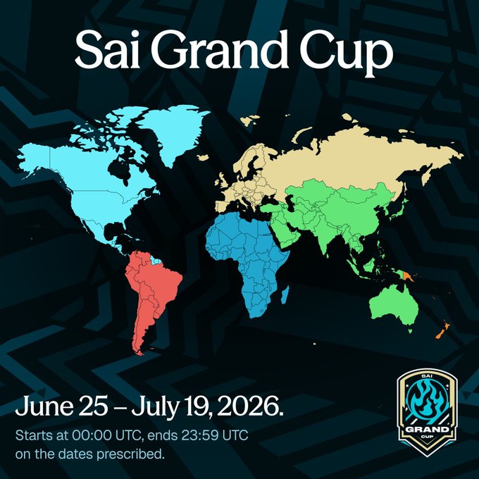 This image is a promotional announcement for the "Sai Grand Cup," featuring a color-coded world map and the event dates of June 25 – July 19, 2026. It relates to the post by visually highlighting the global scope of the competition as it approaches its quarter-final stages.
