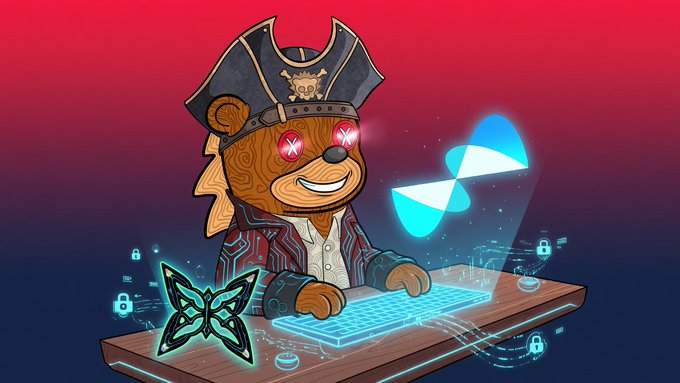 A digital illustration of a pirate-themed bear character wearing a pirate hat and jacket, working at a futuristic computer with holographic elements including a butterfly logo, lock icons, and a butterfly-shaped security symbol.