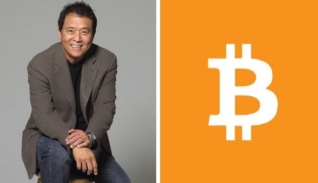 The image features a man sitting down with his legs crossed, wearing a suit and smiling for the camera. Behind him, there's an orange square that says "BITCOIN" written in white letters. The text "ROBERT KIYOSAKI DOUBLES DOWN ON BITCOIN." suggests that the image is related to Bitcoin or cryptocurrency, possibly promoting it as a valuable asset.