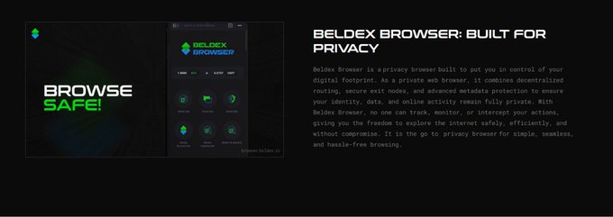 A promotional graphic for "BELDEX BROWSER" features the slogan "BROWSE SAFE!" alongside a mockup of the browser interface displaying various feature icons, with accompanying text emphasizing that "Beldex Browser is a privacy browser built to put you in control of your digital footprint" through features like decentralized routing, secure exit nodes, and metadata protection. The image directly supports the post's message about Beldex Browser enabling privacy during everyday online activities like personal searches, public Wi-Fi use, news reading, and shopping.