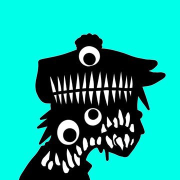 A stark black silhouette of a monstrous creature with sharp teeth and a glowing single eye stands against a bright teal background.