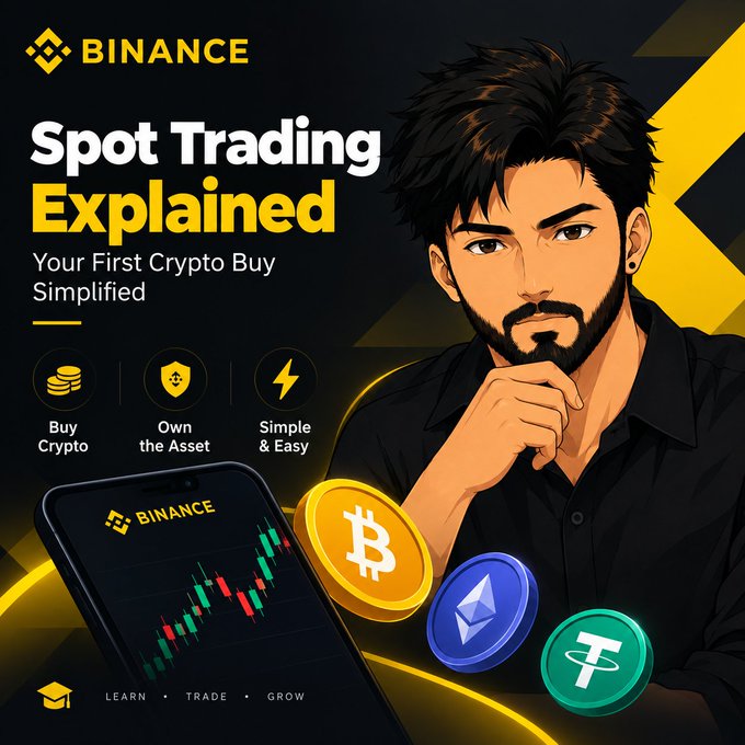 A Binance promotional graphic titled 'Spot Trading Explained' features an illustrated man alongside Bitcoin, Ethereum, and Tether coins, with text 'Your First Crypto Buy Simplified.'