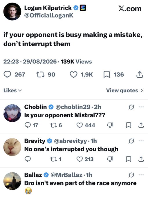 The image shows an X.com post by Logan Kilpatrick (@OfficialLoganK) stating "if your opponent is busy making a mistake, don't interrupt them," with replies referencing Mistral and noting that Gemini "isn't even part of the race anymore." This relates to the disappointment with Gemini, as users appear to be mocking Google's Gemini AI assistant in light of its perceived failures compared to competitors like Mistral.