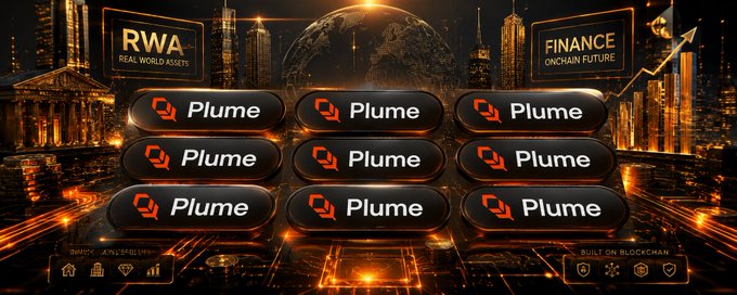 The image showcases a promotional graphic for Plume Network, displaying nine "Plume" branded buttons arranged in a grid against a dark, futuristic cityscape backdrop, with banners reading "RWA REAL WORLD ASSETS" on the left and "FINANCE ONCHAIN FUTURE" on the right. The graphic visually reinforces the Turkish post's message about Plume's role in enabling traditional real-world assets like bonds, loans, commodities, and funds to operate on blockchain infrastructure.