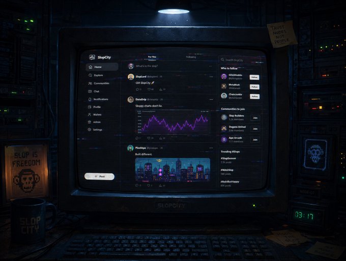 A retro-style digital illustration of a vintage CRT monitor displaying a 'SlopCity' interface with a chat, chart, and post options, surrounded by stickers reading 'SLOP IS FREEDOM' and 'TRUST NOBODY NUDZ NUDLE.'