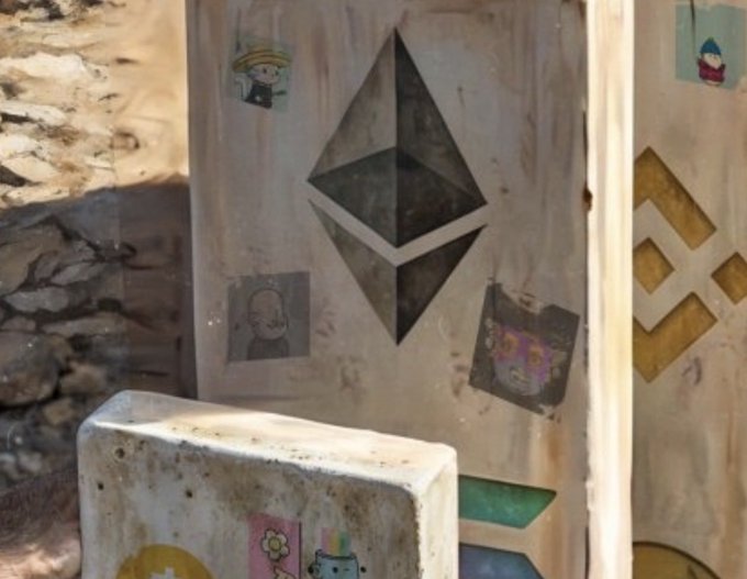 The image features a white stone wall with various stickers, including one that reads "Ethereum", possibly indicating an interest or connection to cryptocurrency. There are also other stickers on the wall, adding to its eclectic appearance. The text "@npconchain" is present in the image as well.