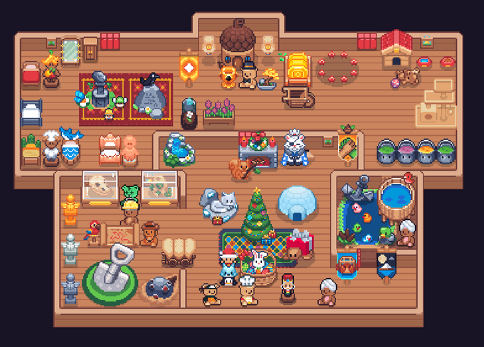 A pixel art game scene showing a festive room with characters, a Christmas tree, presents, a fireplace, and various items scattered throughout.