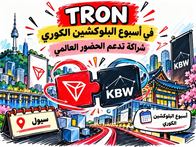 The image is a colorful, hand-drawn style illustration promoting **TRON's participation at Korean Blockchain Week (KBW)**, featuring the TRON and KBW logos as puzzle pieces interlocking, set against a vibrant Seoul cityscape with landmarks like Namsan Tower, cherry blossoms, and traditional Korean architecture. Arabic text translates to "TRON in the Korean Blockchain Week - A partnership supporting global presence," along with callouts for "Seoul" and "Blockchain Week Korea," visually reinforcing the post's message about TRON establishing a strategic foothold in Korea's influential blockchain community.