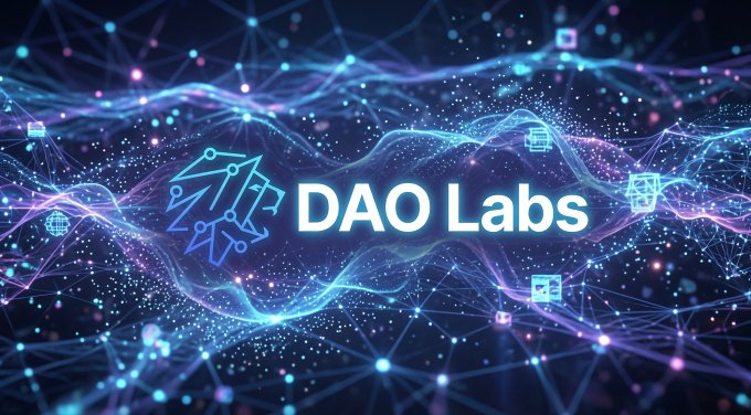A futuristic digital art banner displaying the 'DAO Labs' logo with glowing network connections and blockchain-themed icons on a dark blue background.