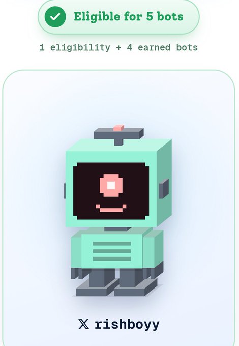 A mint-green rewards card shows a checkmark and the text “Eligible for 5 bots” and “1 eligibility + 4 earned bots,” with a pixel-art robot above the X handle “rishboyy.”