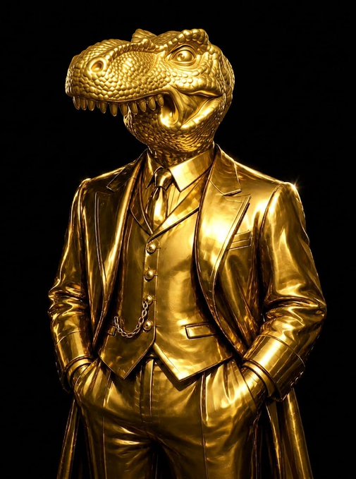 A golden statue of a suited figure with a dinosaur head stands against a black background, symbolizing resilience and longevity. The image visually reinforces the message about scarce assets like gold and Bitcoin enduring through uncertainty and centuries, as conveyed in Tether's post about building a stable, resilient company.