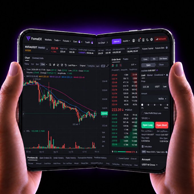 Image of two hands holding a foldable smartphone displaying the FameEX cryptocurrency trading app, showing the NVDA/USDT perpetual futures chart, order book, and trading interface.