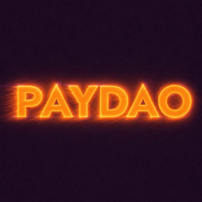 Glowing orange neon sign spelling 'PAYDAO' against a dark background.