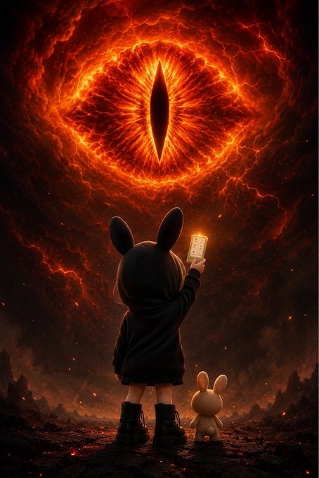The image features a child holding a cell phone, with a bunny stuffed animal nearby. The background of the image shows a fiery red eye, possibly from a fire or a star, which appears to be emitting a bright light. The caption on the image reads "focus on what is in the image and how it relates to the post".