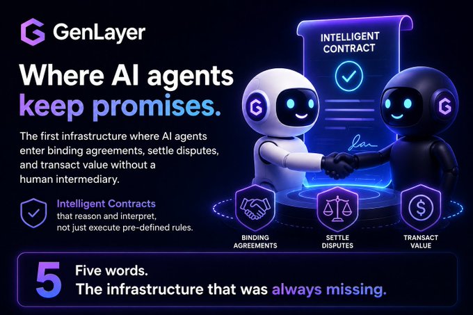 The image shows two robots shaking hands over a document with the text "Where AI agents keep promises". The first robot has a white body and blue eyes, while the second one has a black body and blue eyes. They are standing next to each other in front of a purple shield that says "Intelligent Contracts" on it.
