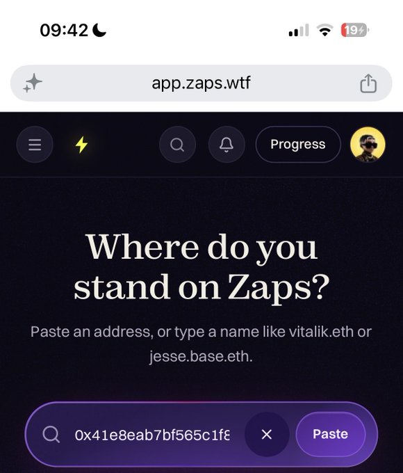 A mobile browser screenshot of app.zaps.wtf displaying the prompt 'Where do you stand on Zaps?' with a pasted Ethereum address starting with '0x41e8eab7bf' and a 'Paste' button.