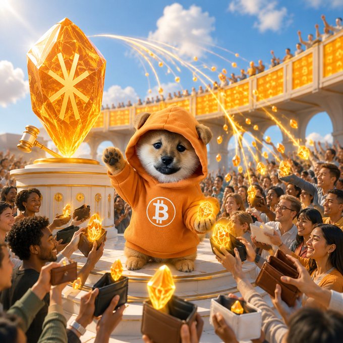 A 3D-rendered scene of a Shiba Inu dog in an orange Bitcoin hoodie celebrating with a crowd, surrounded by a large glowing Bitcoin crystal trophy, floating digital coins, and cheering fans holding golden gems.