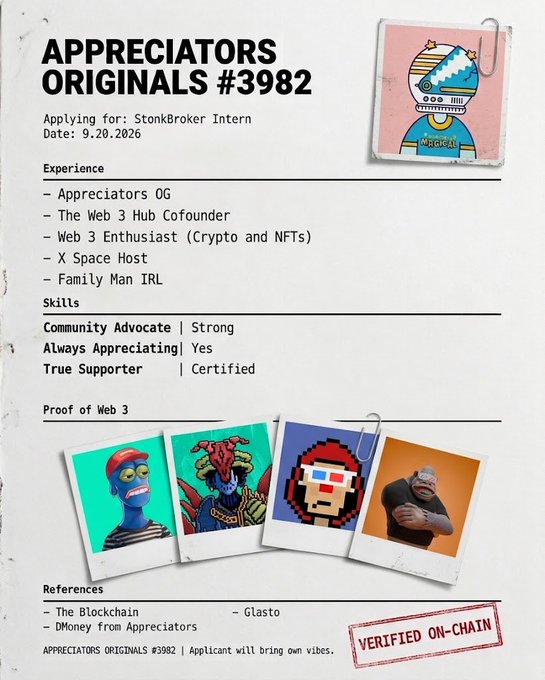 A job application titled 'APPRECIATORS ORIGINALS #3982' lists experience including 'Appreciators OG' and 'Web 3 Hub Cofounder,' with four Polaroid-style images of cartoon characters at the bottom.