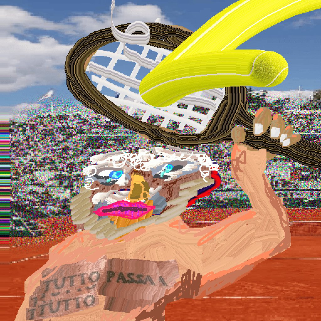 A man with a tattooed shoulder strap has his arm outstretched, ready to strike a yellow and white tennis racket over a tennis ball. The caption of the image reads "Le tennis OE of 2 tez only on objkt Already 13 minted". This could be interpreted as an artistic commentary about the sport or simply a playful twist on reality in this image depicting an ordinary person playing tennis.