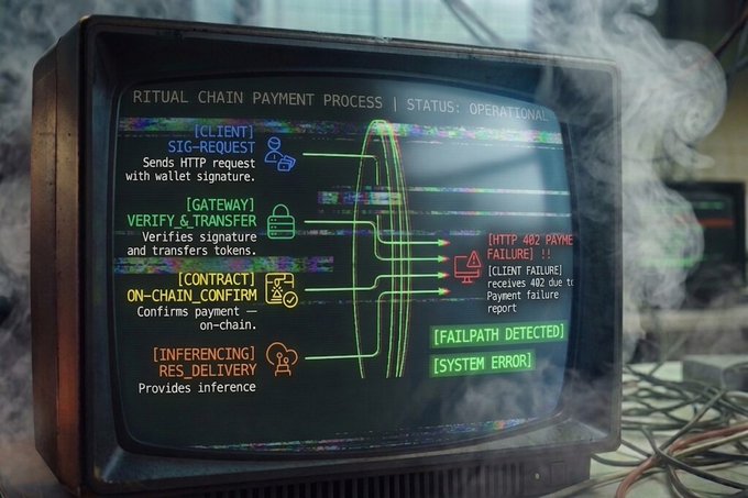 Retro CRT monitor with glitch effects and smoke, displaying a "RITUAL CHAIN PAYMENT PROCESS | STATUS: OPERATIONAL" flowchart with sections for CLIENT, GATEWAY, CONTRACT, and INFERENCING, alongside red "FAILPATH DETECTED" and "SYSTEM ERROR" warnings.