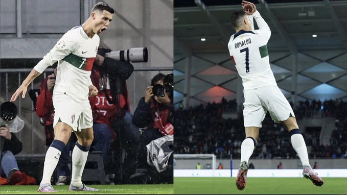 The image shows two different photos of a soccer player, both wearing white uniforms with red accents. The player in one photo appears to be celebrating his victory or success, while the other photo captures him jumping up into the air after scoring a goal. Both images are accompanied by text that reads "siuuuuuiiiiYES!", which is likely a reference to the meme about Solana's bug waking up and sending this token to the 100M market cap. The image seems to be promoting or sharing this meme, as it is related to soccer players and their achievements.