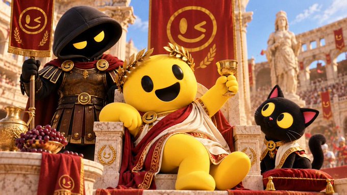 A whimsical digital scene featuring a yellow smiley character in a white toga and laurel wreath sitting on a Roman-style throne, flanked by a hooded warrior and a black cat, with banners displaying smiley logos.