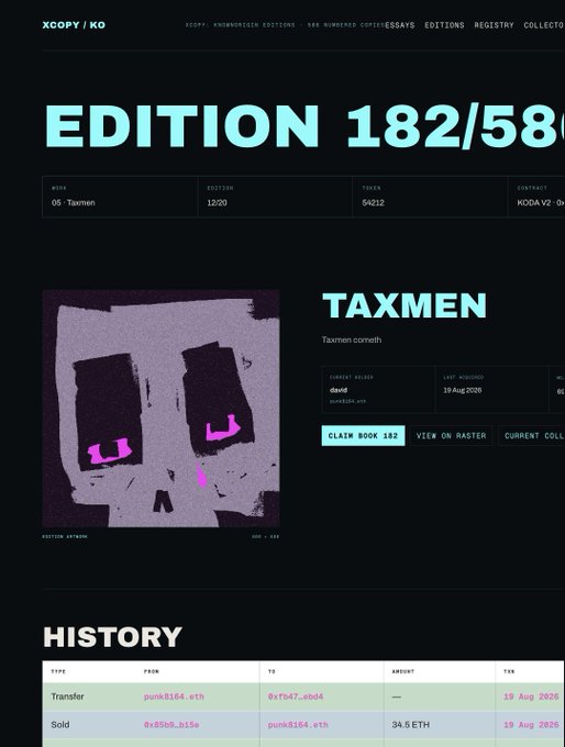 Screenshot of an XCOPY/KO digital art registry page showing Edition 182/586 of "Taxmen" (Token 54212), a purple pixelated skull artwork, with a history log noting a 34.5 ETH transfer sold from punk8164.eth to 0xf547...ebd4 on 19 Aug 2025 — matching the post about Taxmen #54212's second-highest sale being recorded in the XCOPYBook registry.