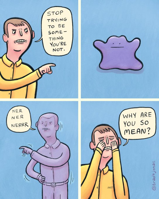 The image features a cartoon of two men with one man pointing at another man's face while the other man looks confused or upset. The cartoon also includes text that says "Stop trying to be something-some-you're not", which adds humor to the scene and makes it more relatable for viewers who may have experienced similar situations in their lives.