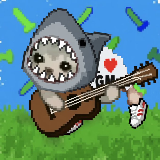 A pixel art NFT image of a cat in a gray shark hoodie playing a guitar, with a speech bubble reading "I ❤ GM" and a falling fish, set against a blue sky with green bones.