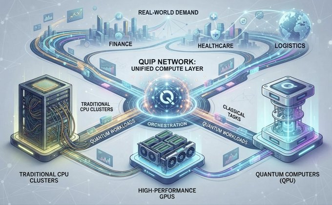 A futuristic infographic illustrating the 'QUIP NETWORK: UNIFIED COMPUTE LAYER' that connects Traditional CPU Clusters, High-Performance GPUs, and Quantum Computers (QPU) to serve Real-World Demand in Finance, Healthcare, and Logistics.
