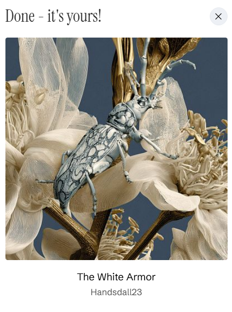 A confirmation screen displaying a detailed 3D illustration of a beetle-like insect on flowers, titled 'The White Armor' by user 'Handsdall23'.
