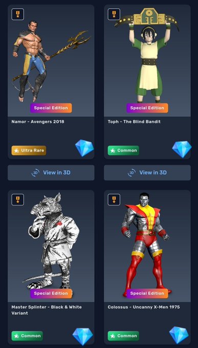 A mobile game character collection screen showing 3D models including 'Namor - Avengers 2018' (Ultra Rare), 'Toph - The Blind Bandit' (Common), 'Master Splinter - Black & White Variant' (Common), and 'Colossus - Uncanny X-Men 1975' (Common).