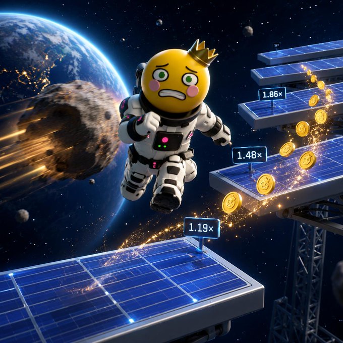 A digital illustration of an emoji-faced astronaut with a crown floating in space between solar panels, with a meteor and Earth in the background, and labels showing values like '1.86x', '1.48x', and '1.19x' near gold coins.