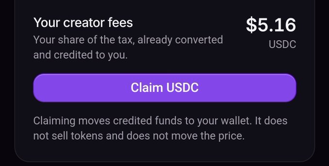 A dark panel showing creator earnings of $5.16 USDC with a purple "Claim USDC" button and explanatory text about claiming credited funds without selling tokens, illustrating the modest fee payout the user received from their Argus token configuration.