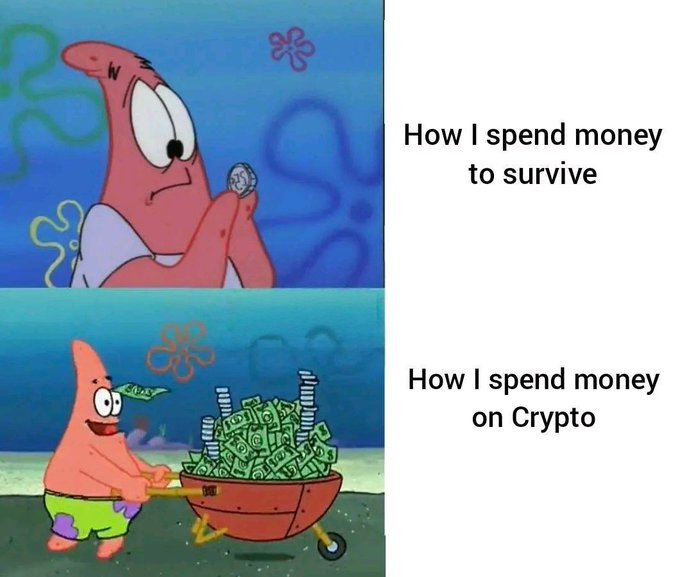 A two-panel Patrick Star meme from SpongeBob SquarePants joking about spending habits: top panel shows Patrick staring at a single coin captioned 'How I spend money to survive,' while the bottom panel shows him pushing a wheelbarrow full of cash captioned 'How I spend money on Crypto.'