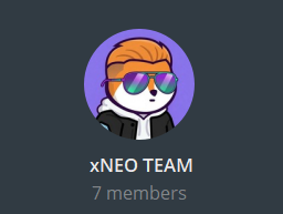 A profile icon showing a cartoon dog wearing sunglasses with a purple background, labeled 'xNEO TEAM' with '7 members' below it.