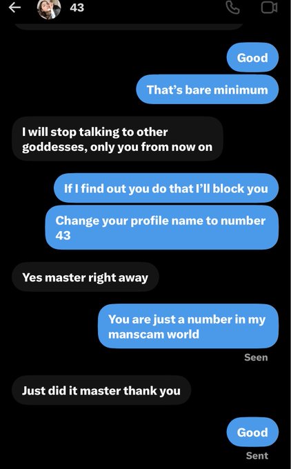 A text message conversation shows a dominant exchange where one person instructs the other to change their profile name to '43', receiving replies like 'Yes master right away' and 'Just did it master thank you'.