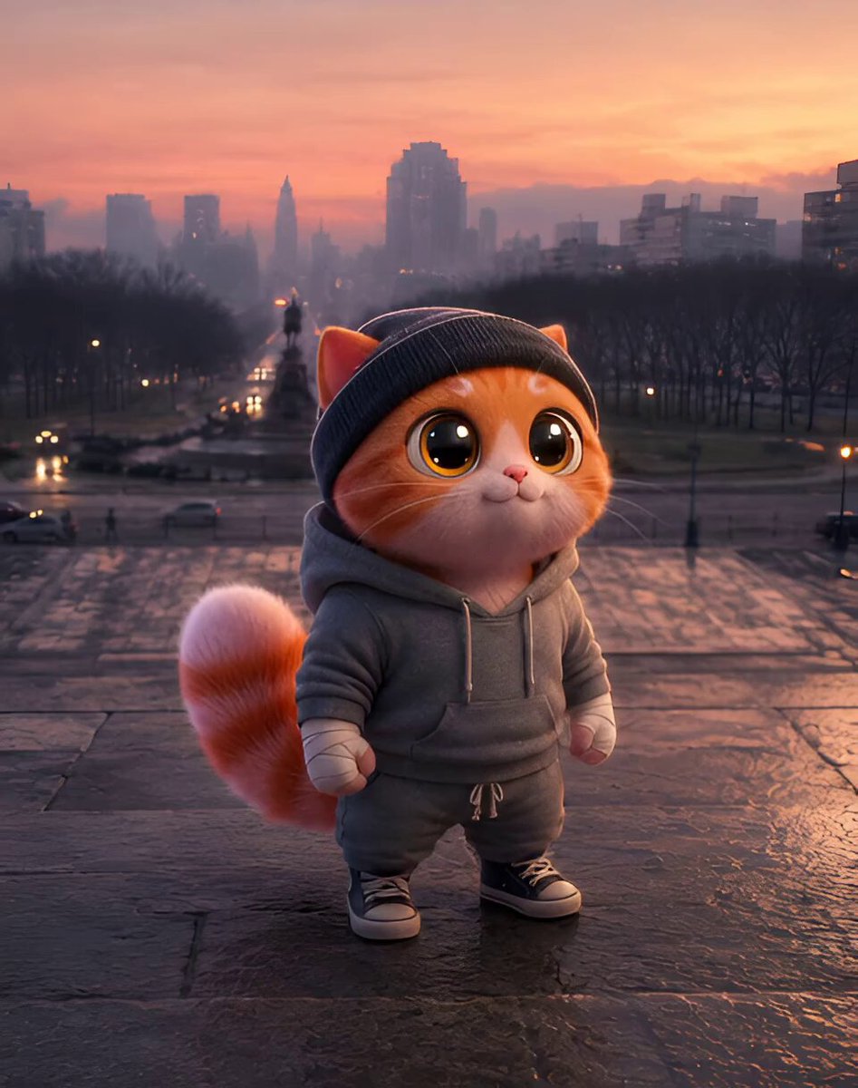 The image features an orange cat wearing a hoodie and sneakers standing on a stone platform or sidewalk with buildings in the background, giving off a rock band vibe. The caption reads "It ain't about how hard ya hit. It's about how hard you can get hit and keep movin' forward." This quote is related to the image as it seems to be promoting an attitude of determination and perseverance, which could be seen in the cat's appearance or the rock band theme.
